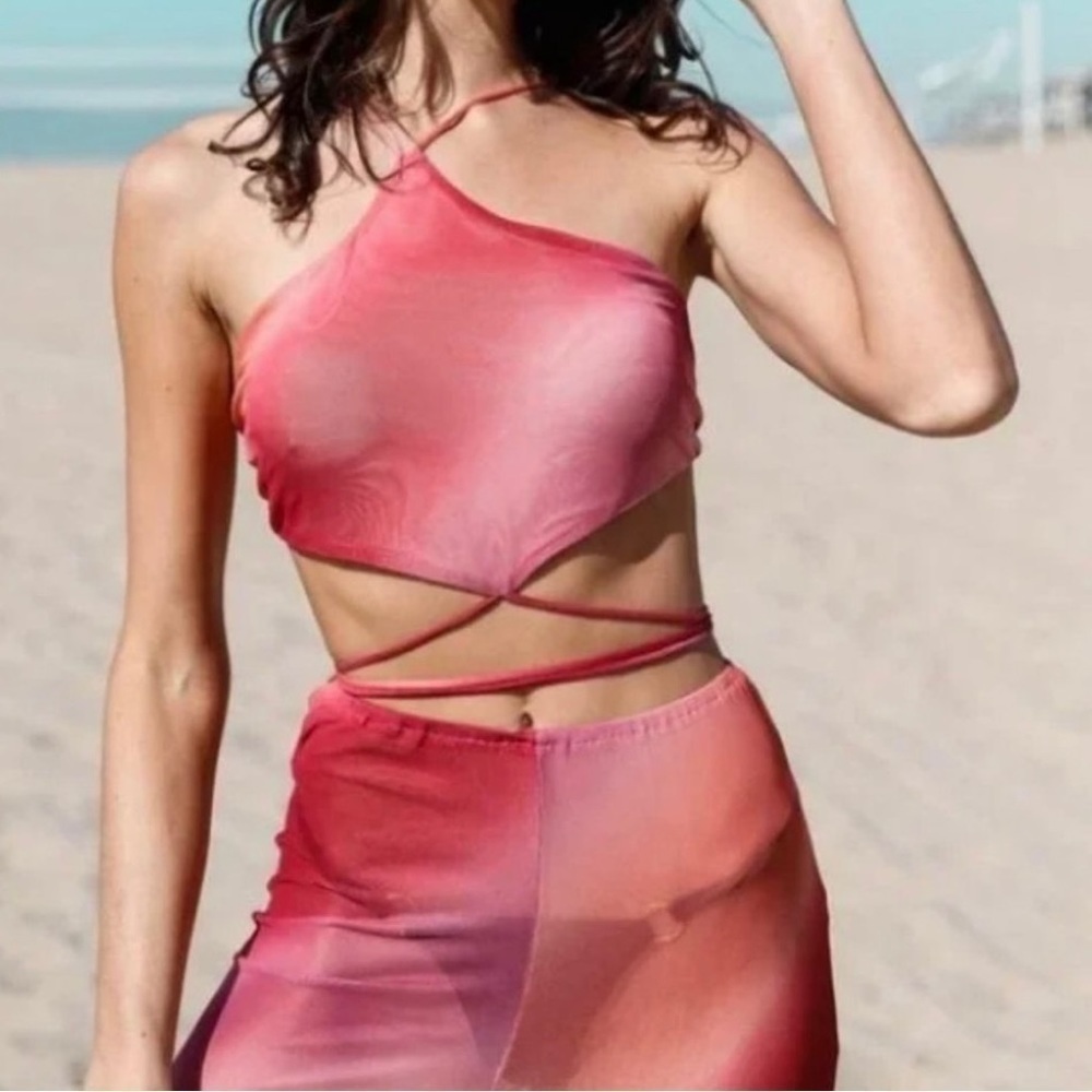 ✨ Womens Tie-Dye Mesh Halter Neck Lace Down Back Wrap Top & Flare Pant Set - Picture 2 of 5